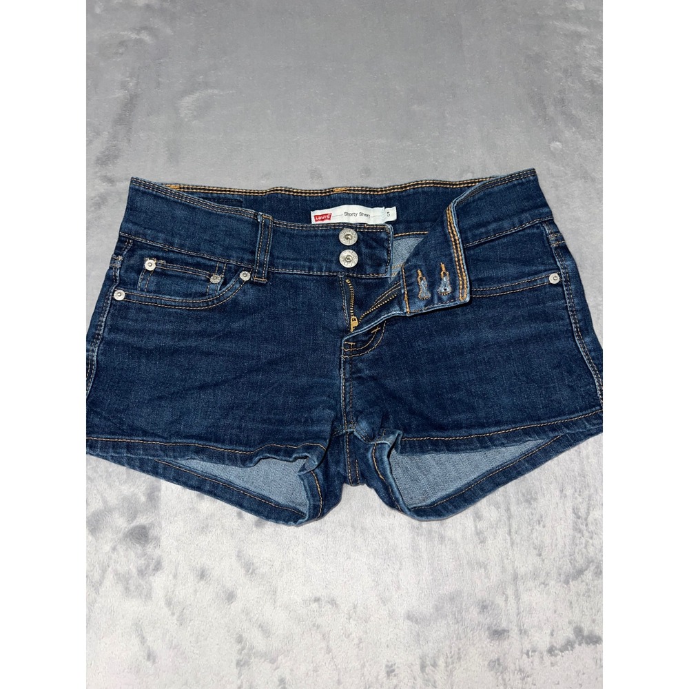 Levi's Shorty Short Denim Shorts Size 5 Dark Wash Double Button Low Rise Y2K